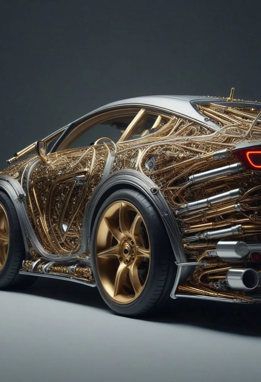 masterpiece, best quality, high resolution, absurdres, ultra-detailed, intricate details, ultra detailed, 8k, highly detailed, very aesthetic, professional 4k, Canon 5d mark 4, extremely detailed, very_detailed, high_detail, sharp focus, clean lines, perfect anatomy, realistic style,  
sport car in (qu4ntum style), covered in (brass pipes) and (silver wires) and gold circuits,
simple background, 
film grain, cinematic, colorful, moody lighting, natural light, soft light, depth of field, bokeh, light particles, backlight, chiaroscuro, refraction, subsurface scattering