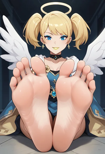 score_9, score_8_up, score_7_up, score_6_up, score_5_up, score_4_up, source_anime, BREAK, (masterpiece:1.4), (best quality:1.2), expressive eyes, perfect face, perfect anatomy, accurate anatomy, perfect feet, perfect soles, 1 girls, feet, soles, toes, foot focus, front view, smile, cute expression, clean feet, sitting, hands on ground, showing feet, barefoot, PONYXL_WaifuFeetPics_ownwaifu, feet, Harleybtas,1girl,solo,twintails,short hair,golden-blonde hair,blue eyes,choker,golden-yellow lips,medium breasts, barefoot, angel wings, halo, glowing halo, blue eyeshadow, makeup, red lips, lipstick,