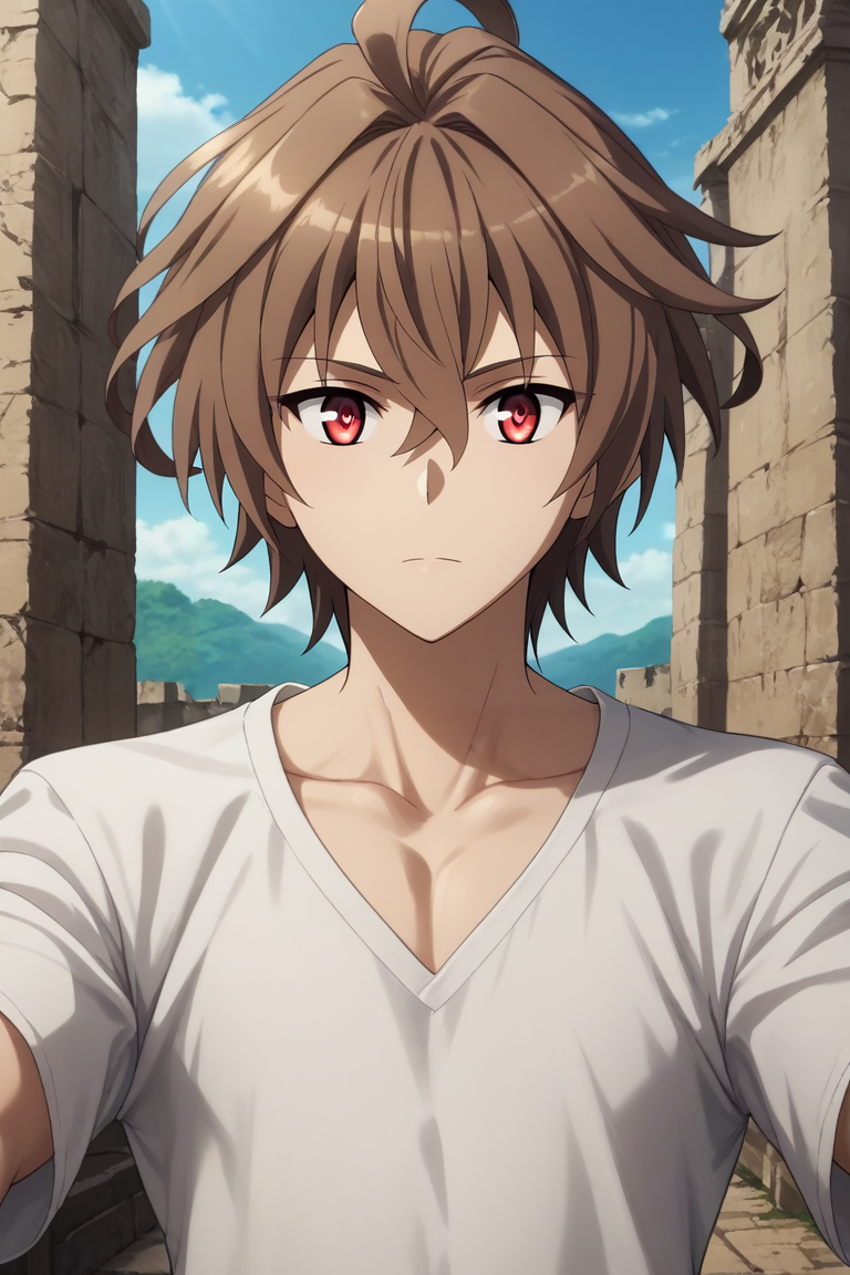 score_9, score_8_up, score_7_up, source_anime, rating_safe, , semi-realistic, looking at viewer, , 1boy, solo, male focus, <lora:sieg_fate_apocrypha_pony:0.84>, sieg_fate_apocrypha, brown hair, red eyes, short hair, hair between eyes, bangs, ahoge, panorama, ancient ruins, day, sunny, spread arms, sparkling eyes, , <lora:sdxl_lightning_8step_lora:1>