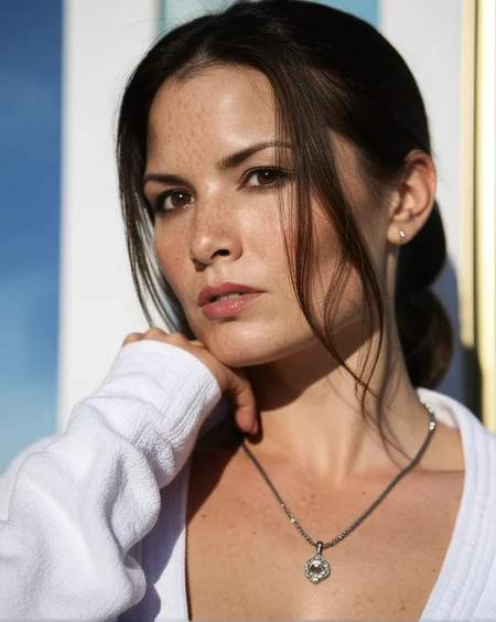 <lora:dmd2_sdxl_4step_lora_fp16:1> <lora:KatrinaLaw-biglust16:1> best quality, source_photo, realistic, depth of field, film grain, professional, 4k, highly detailed, incredibly absurdres, KatrinaLaw, frontal, portrait, white robe, old necklace, close up face
