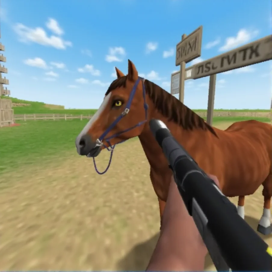 N64style, pov first person shooter, horse, flat lighting, low resolution, crt scanlines, low poly <lora:N64_Game_Style_F1DFULL:1.4>