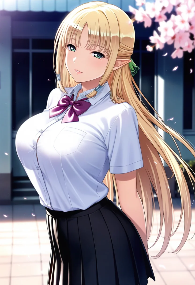 masterpiece, best quality, amazing quality,elysia, green eyes, blonde hair, pointy ears, mature female, long hair, 1girl, solo, breasts, large breasts,school uniform,pleated skirt,white shirt, black skirt, purple bow,short sleeves, parted lips, light smile, standing,arms behind back, looking at viewer, cowboy shot, blurry background, outdoors, school, cherry blossom<lora:elysiaV1:0.9>