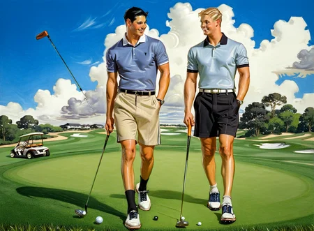 <lora:j_c_leyendecker_style_v3:1>leyendecker, two men, black hair, slicked back hair, blonde hair, short hair, smile, looking at each other, walking, polo shirt, black shorts, (black leggings:0.5), dramatic, masterpiece, outdoors, grass, holding golf club, white two-toned shoes, cute, sunny, blue sky, pillowy clouds, full body, detailed background