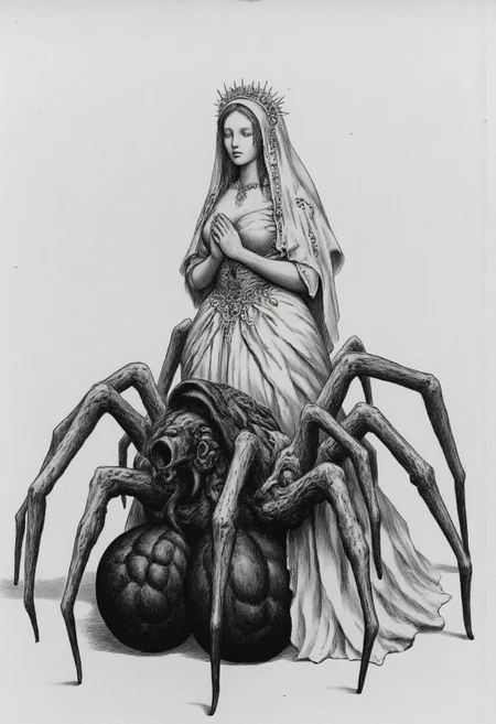 MikeFranchinastyle, berserk style, Surreal art, d4artstyle, d4concept, , made of clay, Kentaro Miura, ZBClay model of a gray sculpture, 4byss
a hauntingly beautiful creature that combines the elegance of a bride with the unsettling form of a spider. The upper half of the creature appears as a delicate, ghostly woman dressed in a flowing, vintage bridal gown, complete with intricate lace details and a fragile veil that drapes softly over her face. Her expression is serene and contemplative, eyes closed as if in prayer or deep reflection, with hands gently clasped in front of her chest. A faint floral crown adorns her head, adding to her ethereal, almost otherworldly charm. Below the waist, however, her body merges into the form of a giant, dark spider, with multiple segmented legs extending outward, each one thin, jointed, and covered in fine, bristly hair. The spider abdomen is large and grotesque, with bulbous textures and patches of fur, creating a stark contrast with her human-like upper half. The gown drapes partially over the spider body, blending both elements in a disturbing yet captivating fusion of innocence and horror.
Set against a minimalist background to emphasize its unnatural form and grotesque anatomy. Background solid color with a faded dimly lit, black-covered darkness tone that emphasizes its silhouette.
The medium is not a traditional painting or illustrative medium like watercolor or ink but rather a digital rendering, eerie and unsettling.