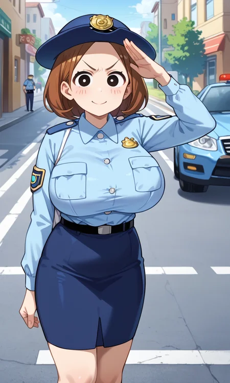 (1girl:1.5), (solo:1.3), (score_9, score_8_up, score_7_up, score_6_up, score_5_up, score_4_up), (source_anime), rating_questionable, looking at viewer, (cowboy shot:1.3),
 <lora:dandanbara-teruyo_v1:1> (dandanbara-teruyo), (black eyes, brown hair, short hair), (plump face:1.5), (smile, angry), (policewoman, police uniform, blue shirt, collared shirt, long sleeves, belt, blue skirt, miniskirt, pencil skirt, police hat, blue headwear, shoes), (huge breasts), Police Station, outdoors, parking, police car, 
salute, straight fingerless
