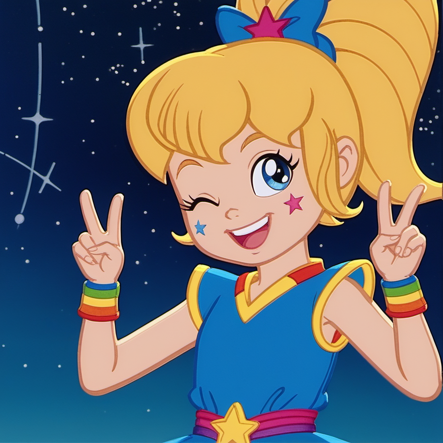 score_9, solo, 1girl, rb2014, rainbow motif, blue eyes, blonde hair, ponytail, open smile, one eye closed, double v, winking, looking at viewer, upper body, star (symbol), detailed face, dress, child, traditional media, official screencap, retro artstyle, galaxy, nebular, space, , <lora:rb2014:1>,