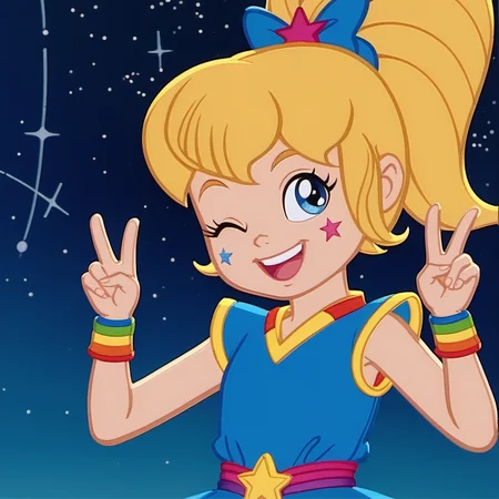 score_9, solo, 1girl, rb2014, rainbow motif, blue eyes, blonde hair, ponytail, open smile, one eye closed, double v, winking, looking at viewer, upper body, star (symbol), detailed face, dress, child, traditional media, official screencap, retro artstyle, galaxy, nebular, space, , <lora:rb2014:1>,