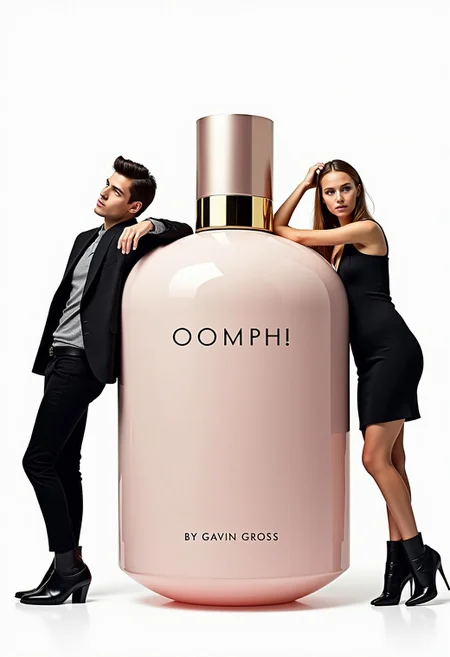 photo for a full page advertisement in a fashion magazine. The photo shows a giant perfume bottle at the center, with a young woman leaning to it from the right and a young man leaning to it from the left. The bottle is labeled "OOMPH! By Gavin Gross". The man and the woman are models wearing expensive fashionable clothes and look at the viewer with expressionless faces. The background is plain white. The overall impression is that of a glossy professional product