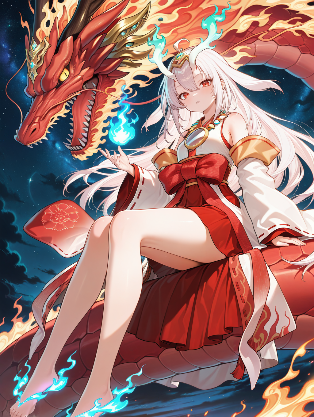 oni girl,kurikara divincarnate,1girl,solo,barefoot,sitting,red eastern dragon,sharp teeth,teeth,looking at viewer,night sky,starry sky,white ribbon-trimmed sleeves,sitting on dragon,white sleeveless kimono,gold headpiece,mirror necklace,red bow,red hakama,blue fire,1other,
masterpiece,best quality,amazing quality,very aesthetic,absurdres,newest,<lora:Kurikara Divincarnate illuXL v1:0.84>,