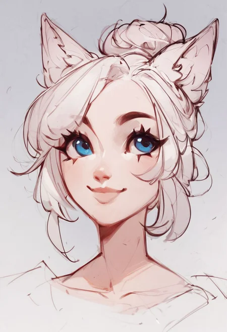 score_9, score_8_up, score_8, medium breasts, (curvy), cute, eyelashes, white hair, wolf ears, blue eyes, sketch,single hair bun, collarbone, 
upper body, outdoors  smile,