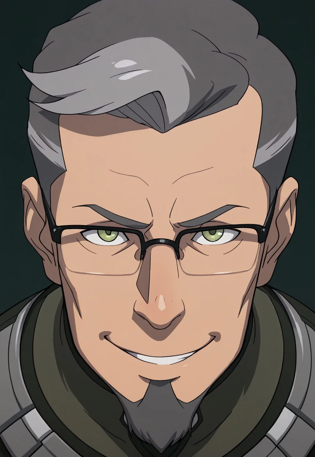 safe_pos, safe_pos, rating_nsfw, ultra hd, absurdres, solo, masterpiece, best quality, male focus, 1boy,
LOKBataar, facial hair, glasses, green eyes, grey hair, green clothes, portrait, headshot, smiling, looking at viewer