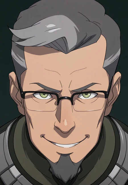 safe_pos, safe_pos, rating_nsfw, ultra hd, absurdres, solo, masterpiece, best quality, male focus, 1boy, 

LOKBataar, facial hair, glasses, green eyes, grey hair, green clothes, portrait, headshot, smiling, looking at viewer