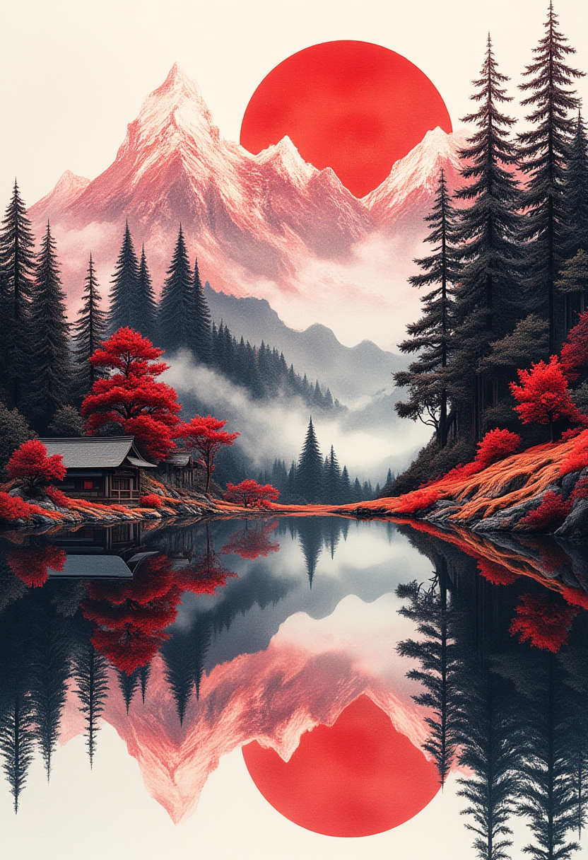Create a double exposure composition that blends cinematic japan with traditional paintings. both are blended into a beautiful landscape composition. based on black, white and red hues, extremely detailed,
<lora:Flux_Detailer:0.65>
<lora:FluxDFaeTasticDetails:0.9>
<lora:Ars_MidJourney_Style_-_Flux:0.55>