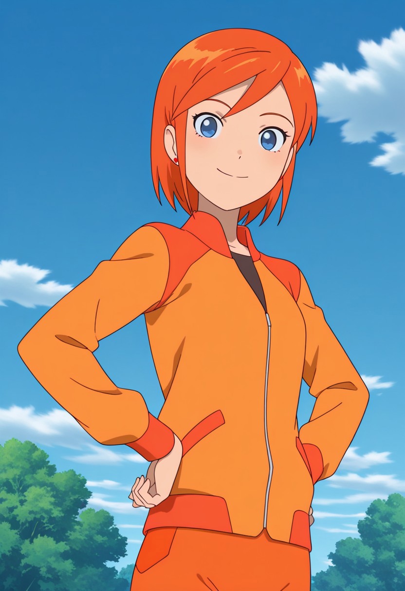 masterpiece, best quality, source_anime,official art,perfect_anatomy,luna,1girl,blue eyes,short hair,orange hair,earrings,jewelry,jacket,looking_at_viewer,smile,hands_on_hip,cowboy shot,day,blue_sky,cloud