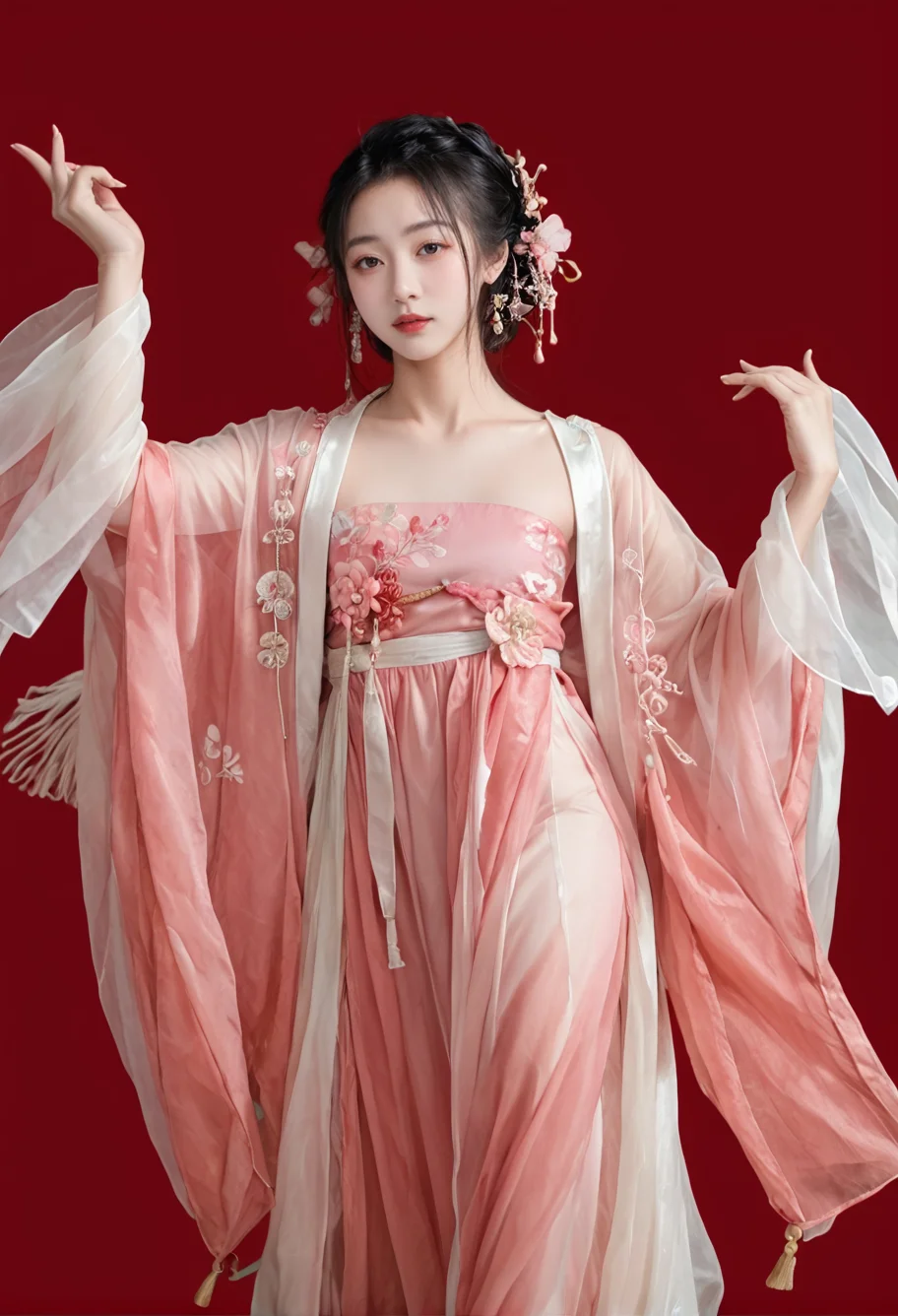 red background,1girl,solo,,ruanyi0758,hanfu,pink dress,see-through,shawl,wide sleeves,jewelry,<lora:0758 Peach Blossom Hanfu_v1_pony:1>, score_9,score_8_up,score_7_up,,8k,1girl,solo,