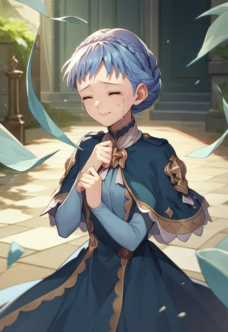 score_9, score_8_up, score_7_up, source_anime, 1girl, mariannetimeskip, smile, closed mouth, crying, standing, crown braid, closed eyes, tears, blue dress, long sleeves, blue capelet <lora:fireemblem_marianne_ponyXL:1>