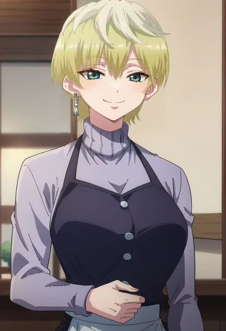 <lora:Tenka Izumo:1> tenka izumo, blonde_hair, short_hair, blue_eyes, 1girl, solo, earrings, jewelry,large_breasts , smile , apron, sweater, purple_sweater, turtleneck, score_9, score_8_up, score_7_up, score_6_up, score_5_up, score_4_up , anime coloring ,BREAK source_anime, anime