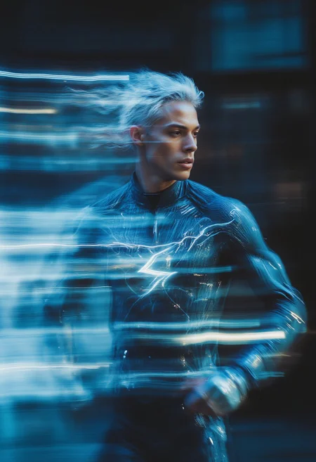 Digital art, photorealistic, cinematic action shot of Quicksilver from Marvel running faster than light leaving a motion trail behind him, he has silver hair and is wearing blue bodysuit with silver lightning bolt crossing from his right shoulder to left hip and silver gloves, d0ntst0pm3n0w, motion blur, superhero battle background, cinematic realism, high action pose, perfect pupils, insanely detailed faces, correct digits, realistic skin, perfect expressive eyes, perfect pupils, Stunning visuals, Texture, beautiful face features, dynamic, man, photograph, Motion blur