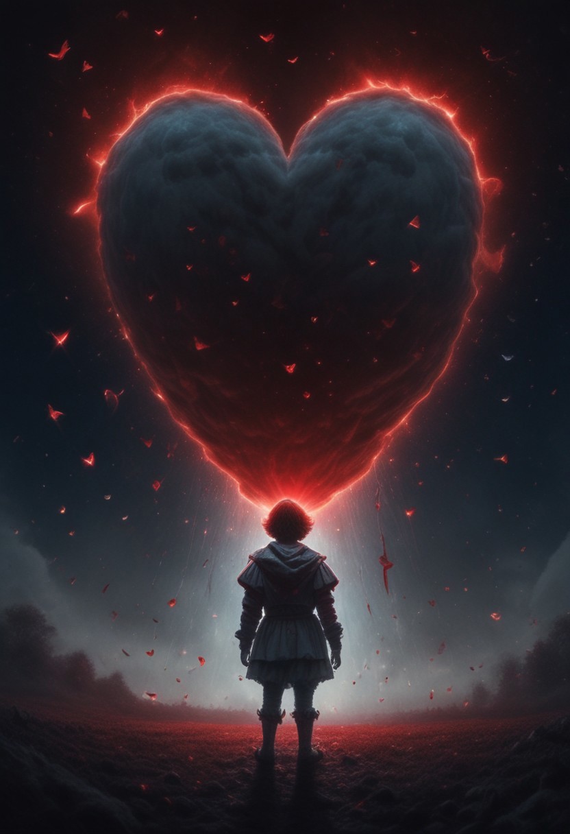 very dramatic lighting, behind is a universe of love. hearts, rainbows. contrasting colors, epic, fantastical, shine, toning, stars, galaxy,  epic movie poster image. Pennywise. Red baloon.