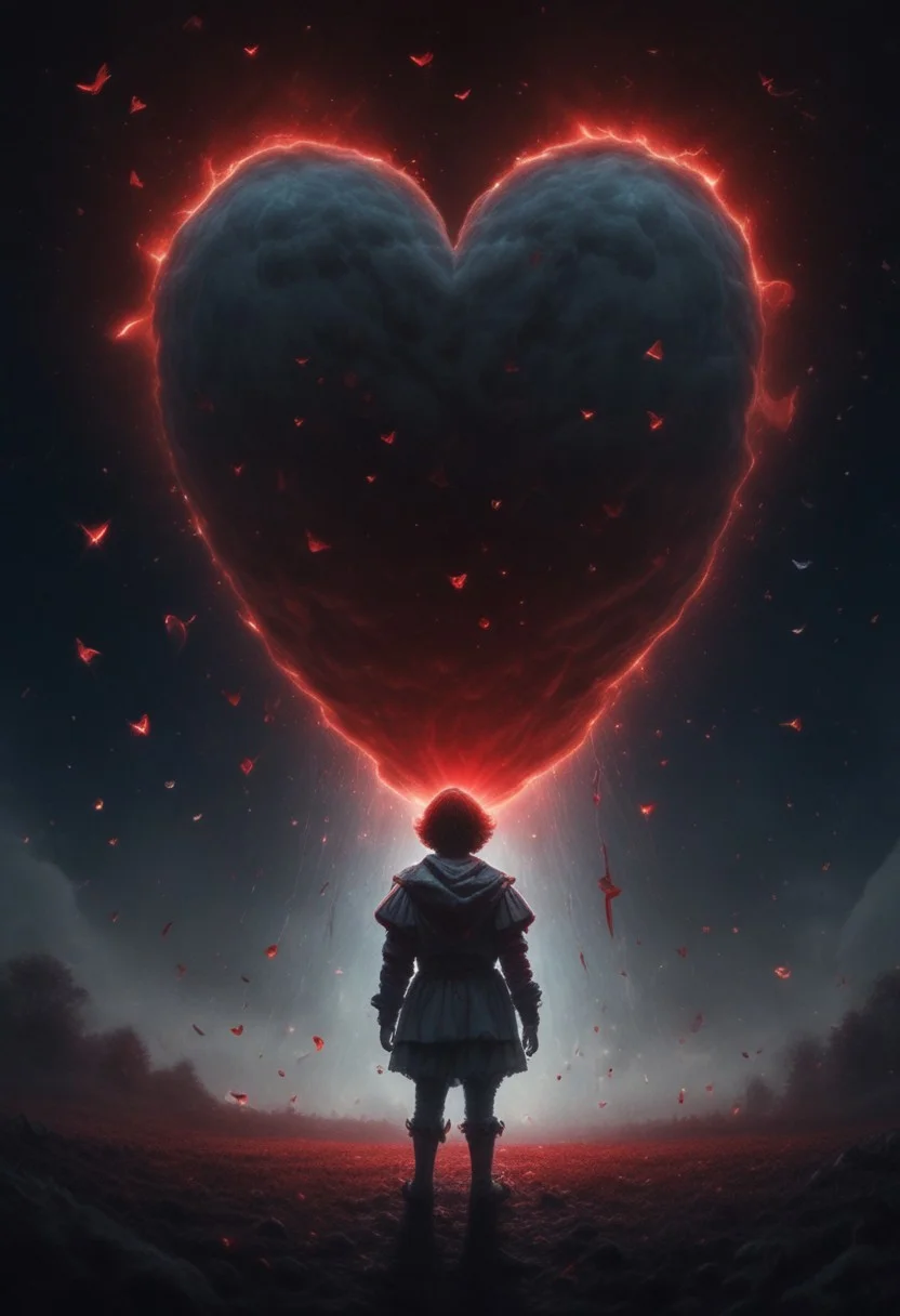 very dramatic lighting, behind is a universe of love. hearts, rainbows. contrasting colors, epic, fantastical, shine, toning, stars, galaxy,  epic movie poster image. Pennywise. Red baloon.