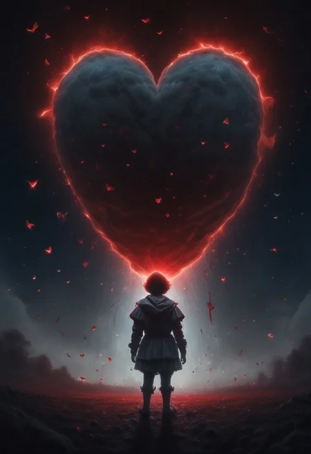 very dramatic lighting, behind is a universe of love. hearts, rainbows. contrasting colors, epic, fantastical, shine, toning, stars, galaxy, epic movie poster image. Pennywise. Red baloon.