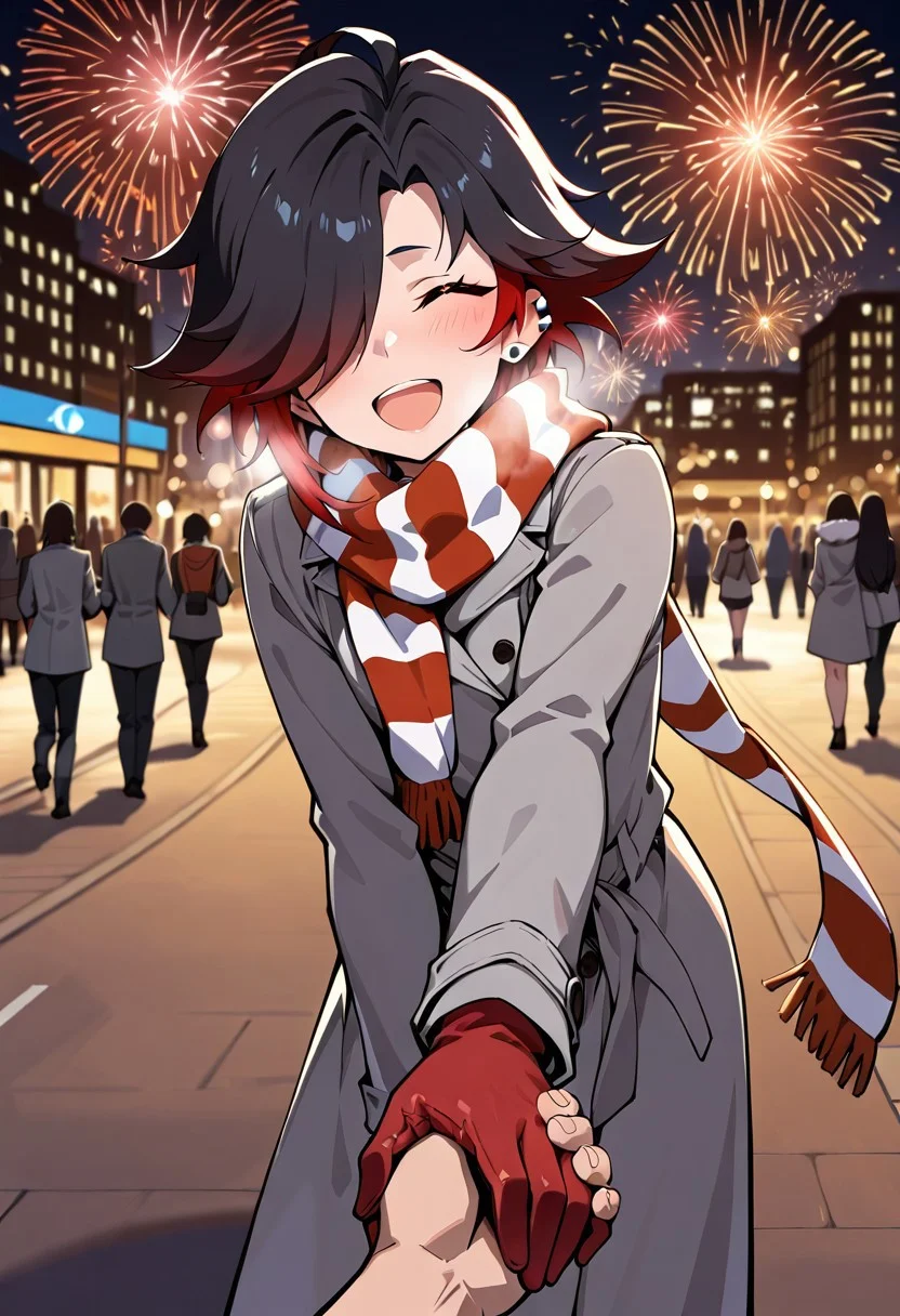 (masterpiece, best quality:1.3),1boy:otoko no ko, flat chest, black hair,red eyes,hair over one eye, red tips,ear piercing,
striped scarf,gray coat,red gloves
happy,poiting forward,holding hands,closed eyes,open mouth,pov hands,
outdoors,city,fireworks,(blurry background:1.4),(cinematic lighting,hard shadows:1.1),(bokeh:1.3)