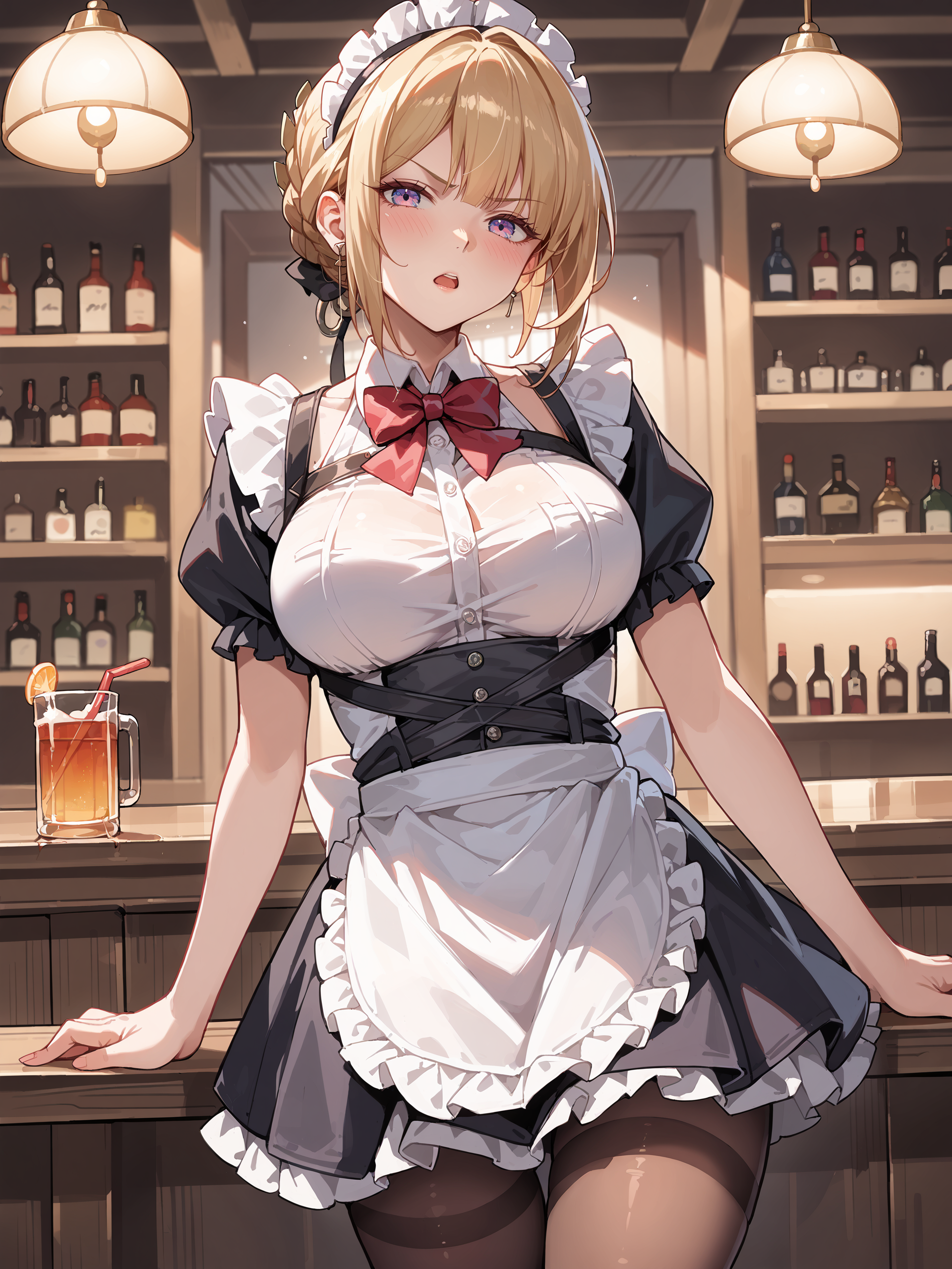 score_9, score_8_up, score_7_up, source_anime, ray tracing, best quality,  <lora:Style-Expressive_H-pony:0.8:hr=0.4>,  <lora:Char-ZZZ-Evelyn-V1-Pony:0.9:hr=0.6>, 1girl, solo, evelyn chevalier, braided bun, hair up, white shirt, black dress, underbust, red bowtie, maid headdress, maid apron, parted lips, pantyhose, open mouth, blush, parted lips, glaring, looking at viewer, cowboy shot, bar \(place\), indoors, depth of field