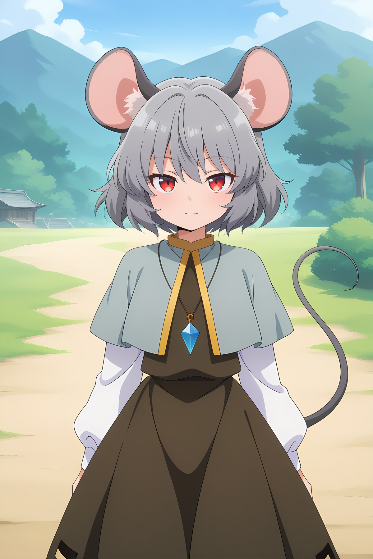 absurdres, highres, masterpiece, best quality, amazing quality, official anime artwork, screencap, anime screencap, outdoors, looking at viewer, light smile, standing,
 <lora:Nazrin_illustrious:1> nazrin, 1girl, solo, red eyes, grey hair, short hair, mouse ears, mouse tail,, pendant, grey capelet, brown dress, long sleeves, white sleeves,