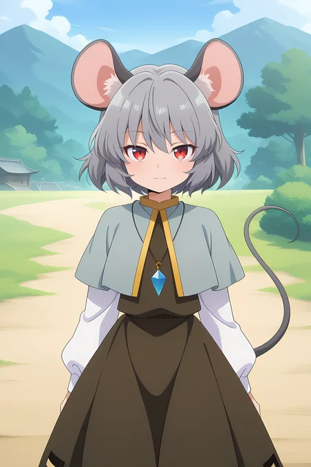 absurdres, highres, masterpiece, best quality, amazing quality, official anime artwork, screencap, anime screencap, outdoors, looking at viewer, light smile, standing,
<lora:Nazrin_illustrious:1> nazrin, 1girl, solo, red eyes, grey hair, short hair, mouse ears, mouse tail,, pendant, grey capelet, brown dress, long sleeves, white sleeves,