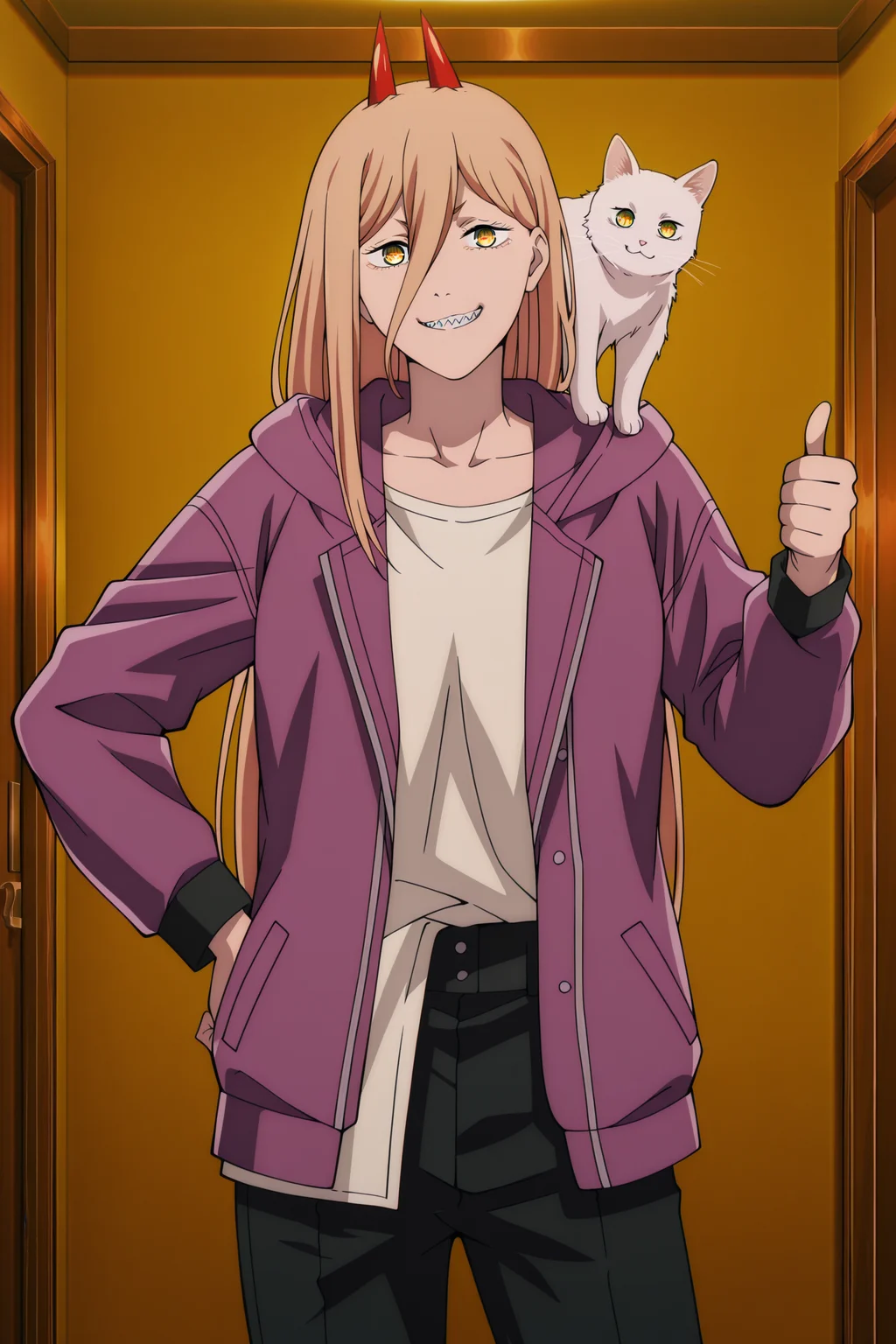 anime screencap, anime coloring, detailed face, masterpiece, best quality, very aesthetic, absurdres, volumetric lighting, official style, amazing quality, ultra detailed,  highres, amazing quality, scenery, beautiful detailed hair, beautiful detailed eyes,
<lora:StS-Illustrious-Detail-Slider-v1.0:4>
 <lora:Power_Chainsaw_Man_-_Illustrious_V2:1>
in a room,
power (chainsaw man), 1girl, solo, red horns, long hair, hair between eyes, blonde hair, yellow eyes, symbol-shaped pupils, cross-shaped pupils, collarbone, sharp teeth,
Power purple jacket outfit, purple jacket, hoodie, long sleeves, open clothes, white shirt, black pants, 
cowboy shot,  smug grin, looking at the viewer, thumbs up, hand on hips,
white cat, cat on shoulder,