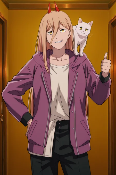 anime screencap, anime coloring, detailed face, masterpiece, best quality, very aesthetic, absurdres, volumetric lighting, official style, amazing quality, ultra detailed, highres, amazing quality, scenery, beautiful detailed hair, beautiful detailed eyes,
<lora:StS-Illustrious-Detail-Slider-v1.0:4>
<lora:Power_Chainsaw_Man_-_Illustrious_V2:1>
in a room,
power (chainsaw man), 1girl, solo, red horns, long hair, hair between eyes, blonde hair, yellow eyes, symbol-shaped pupils, cross-shaped pupils, collarbone, sharp teeth,
Power purple jacket outfit, purple jacket, hoodie, long sleeves, open clothes, white shirt, black pants,
cowboy shot, smug grin, looking at the viewer, thumbs up, hand on hips,
white cat, cat on shoulder,