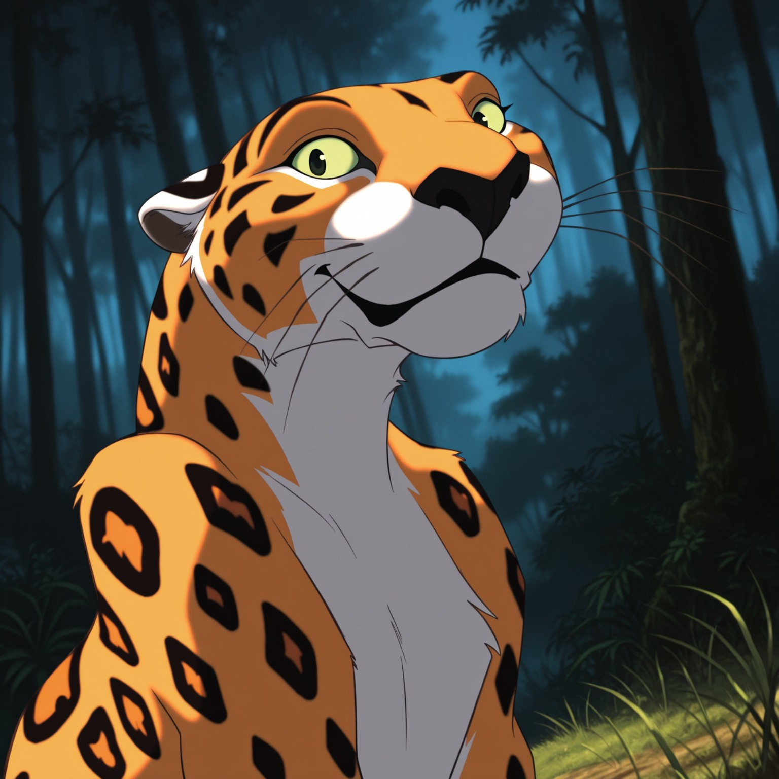 8k, uncensored, masterpiece, best quality, highly detailed, realistic, 1girl, solo, SaborTZ, furry, feral, feline, leopard, light-green sclera, black eyes, black nose, whiskers, orange body, orange fur, white body, white fur, two tone body, two tone fur, black spots, spotted body, upper body, smile, closed mouth, (looking at viewer, sitting, forest, afternoon, grass, detailed background, front view, close-up