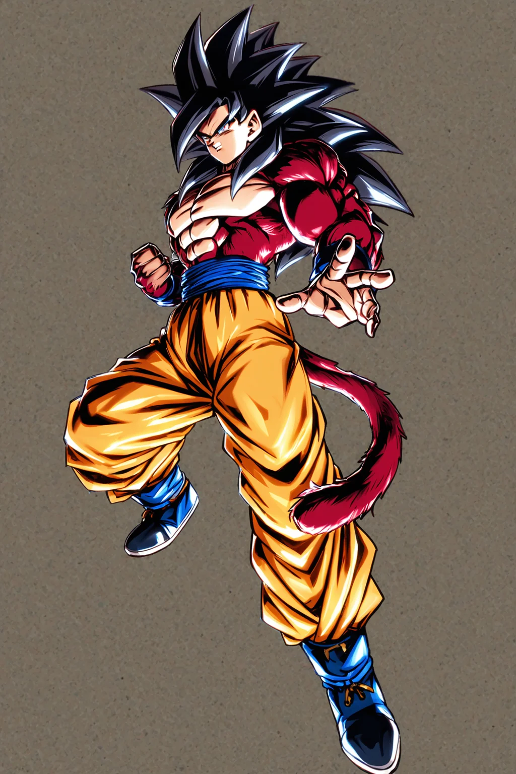 super saiyan 4,1boy,male focus,monkey tail,tail,solo,body fur,super saiyan,black hair,monkey boy,spiked hair,son goku,pants,muscular,full body,fire,muscular male,red fur,yellow pants,blue sash,long hair,biceps,looking at viewer,<lora:Dragon Ball_XL:0.8>,