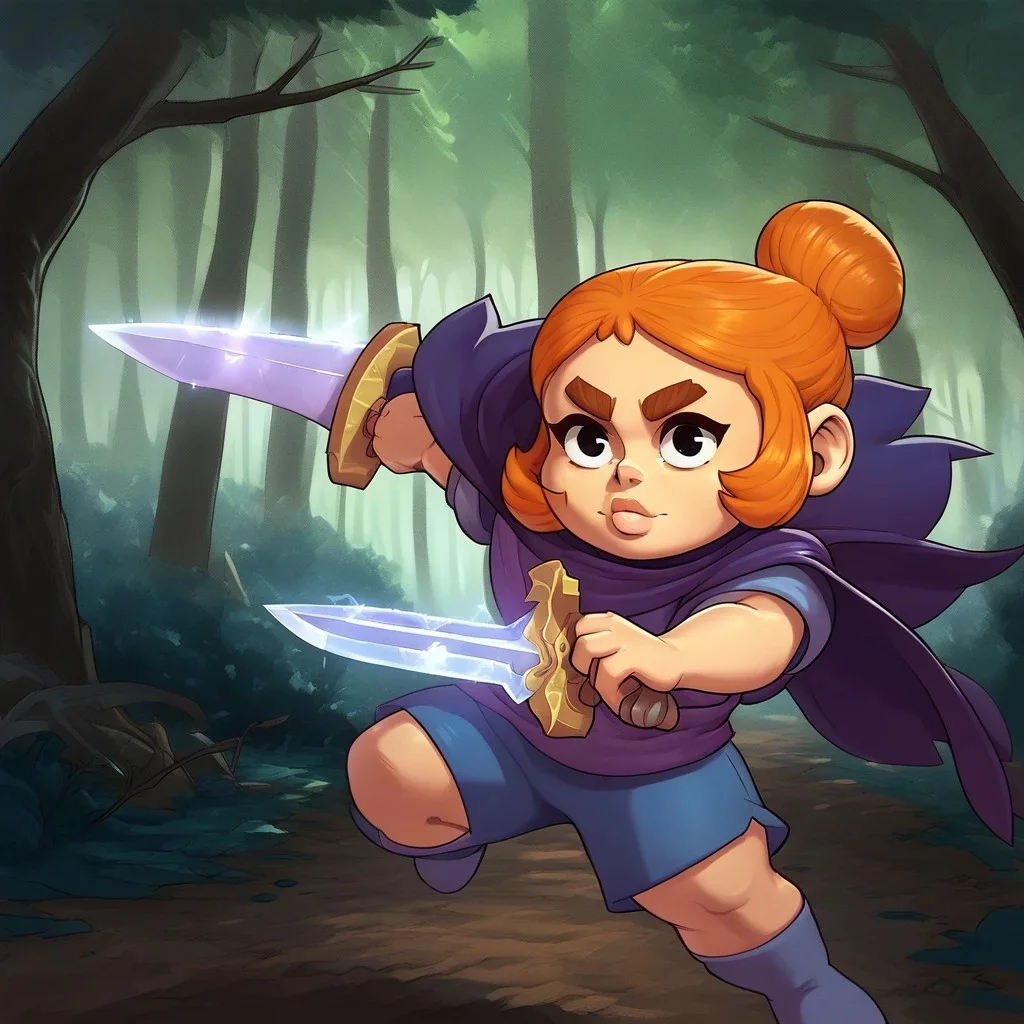 score_9, solo, kelsey_p, thick eyebrows, orange hair, single hair bun, cape, shirt, shorts, forest, natural lighting, holding long sword, puffy lips, beautiful face, cute,