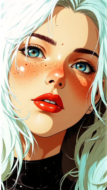 A close-up portrait of a person with striking features. The individual has bright blue eyes that stand out vividly against their fair skin, which is dotted with numerous freckles. Their hair is a mix of white and light blue hues, giving it a unique and eye-catching appearance. The lips are full and painted in a bold red color, adding to the overall intensity of the image. The lighting is bright, highlighting the details of the face and creating a high-contrast effect. The background is dark, which further accentuates the subject's features and makes them the focal point of the photograph. The overall composition is dynamic and visually engaging.
j_art, anime, anime art, <lora:FLUX\jul\J_Anime:1.0>, <lora:FLUX\Anime Art V3:0.1>, <lora:FLUX\RM_Artistify_v1.0M:0.1>, <lora:FLUX\RetroAnimeS1.1:0.1>