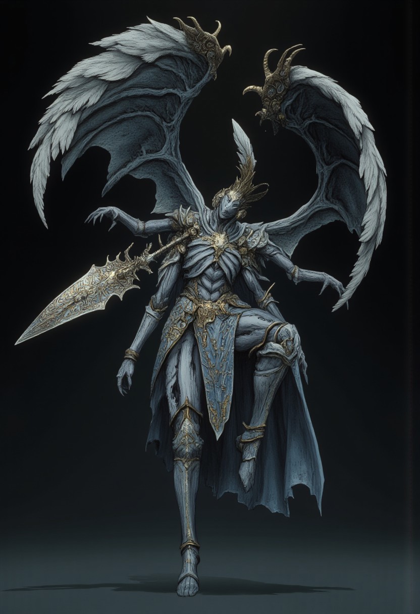 Standring in a hyper extended action pose
A feathered knight with a cape, holding a templar shield, and a gladiator sword
Set against a solid dark color background to emphasize its unsettling unnatural form that emphasizes its silhouette. The medium is not a traditional painting or illustrative medium like watercolor or ink but rather a digital 3D rendering.
MikeFranchinastyle, d4artstyle, d4concept, , bbstyle,, horror theme,, zbrush, ZBClay model of a gray sculpture, 1990's, 1990's style
