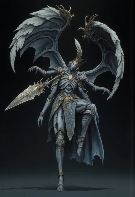 Standring in a hyper extended action pose
A feathered knight with a cape, holding a templar shield, and a gladiator sword
Set against a solid dark color background to emphasize its unsettling unnatural form that emphasizes its silhouette. The medium is not a traditional painting or illustrative medium like watercolor or ink but rather a digital 3D rendering.
MikeFranchinastyle, d4artstyle, d4concept, , bbstyle,, horror theme,, zbrush, ZBClay model of a gray sculpture, 1990's, 1990's style