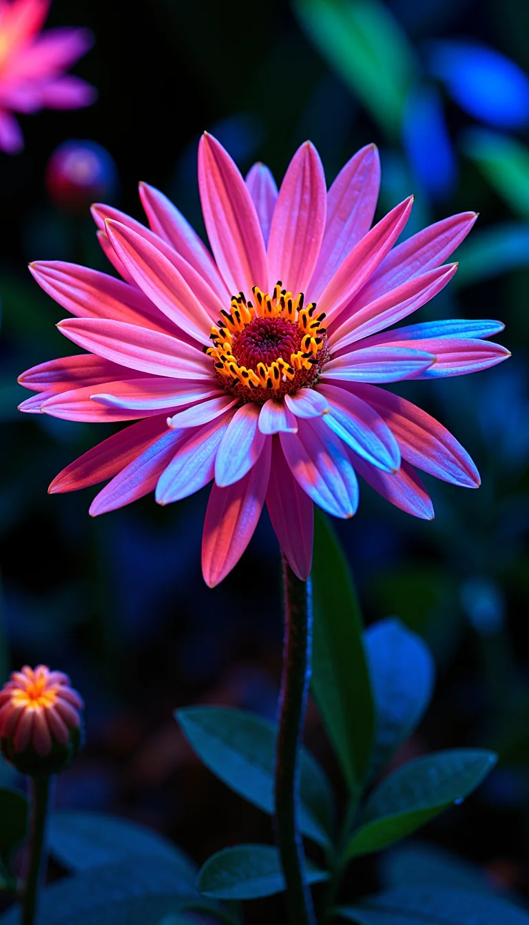 (macro photo), a flower with a ethereal complex colors,(a mesmerizing bioluminescent forest), colorful