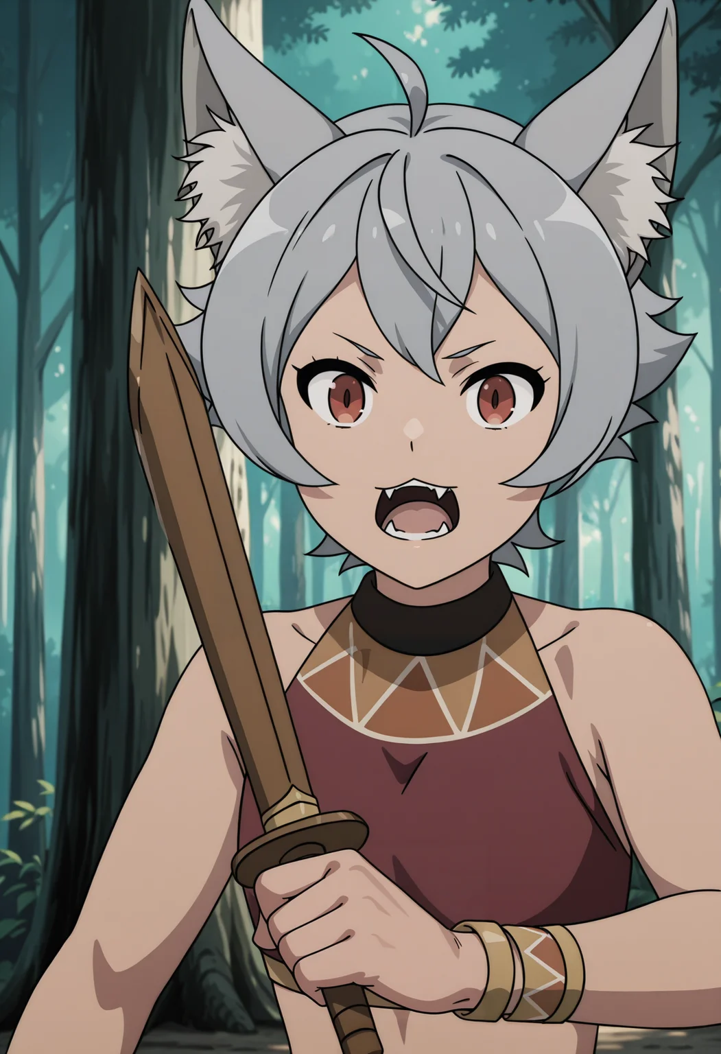 <lora:Minitona Dedoldia_illustrious-000048:1>,
Minitona Dedoldia, solo, open mouth, animal ears, fangs, holding, forest, tree, nature, weapon, jewelry, bracelet, parody, sword, holding weapon, looking at viewer, upper body, anime screencap