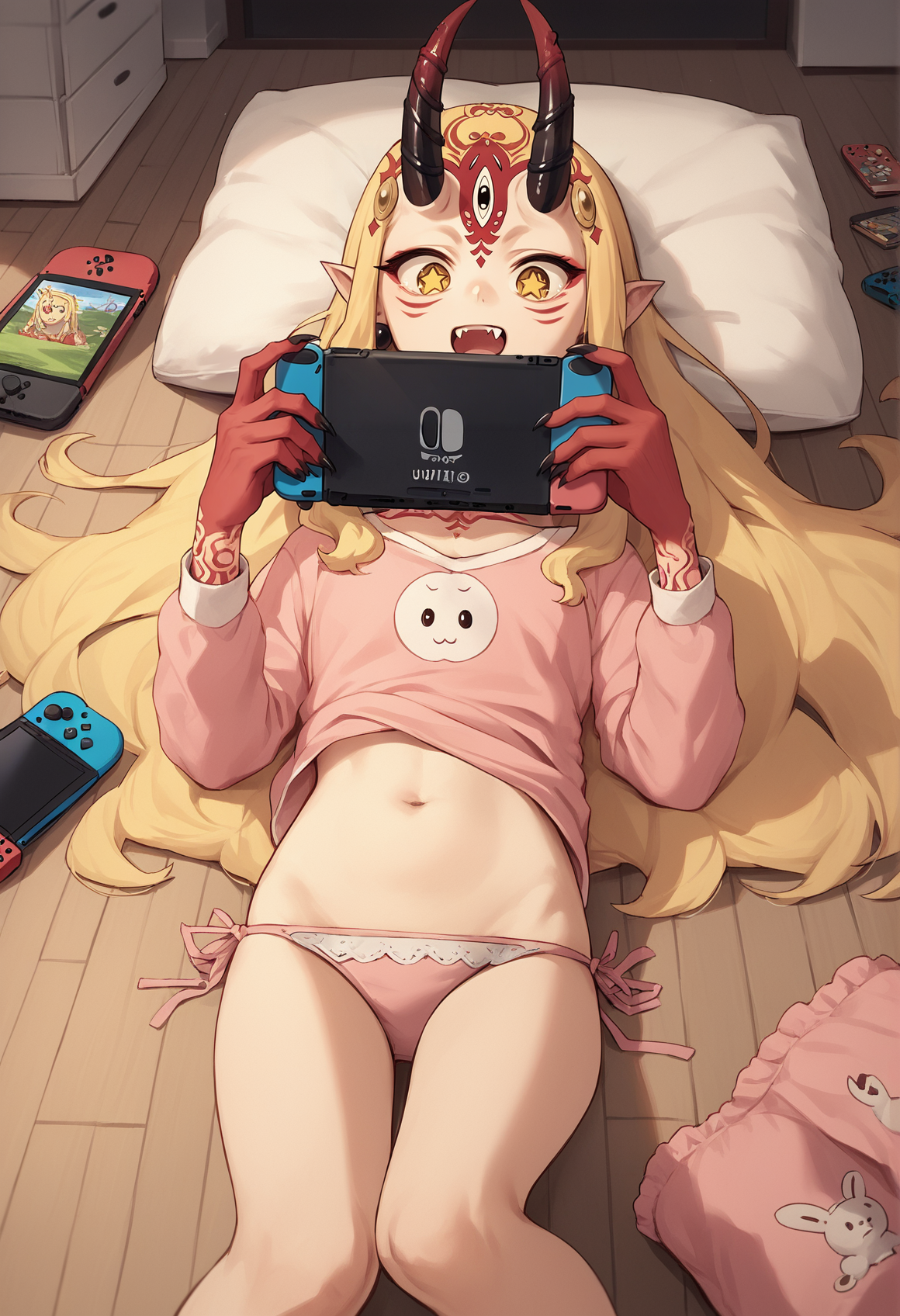 1girl, long hair, blonde hair, sidelocks, yellow eyes, pointy ears, facial mark, tattoo, forehead mark, oni, horns, sharp fingernails, playing games, pink pajamas, white side-tie panties, laying, on floor, indoors, bedroom, playing games, nintendo switch, excited, starry eyes <lora:Ibaraki_Douji_XL:1>, score_9, score_8_up, score_7_up, score_6_up, score_5_up, score_4_up, BREAK source_anime, masterpiece