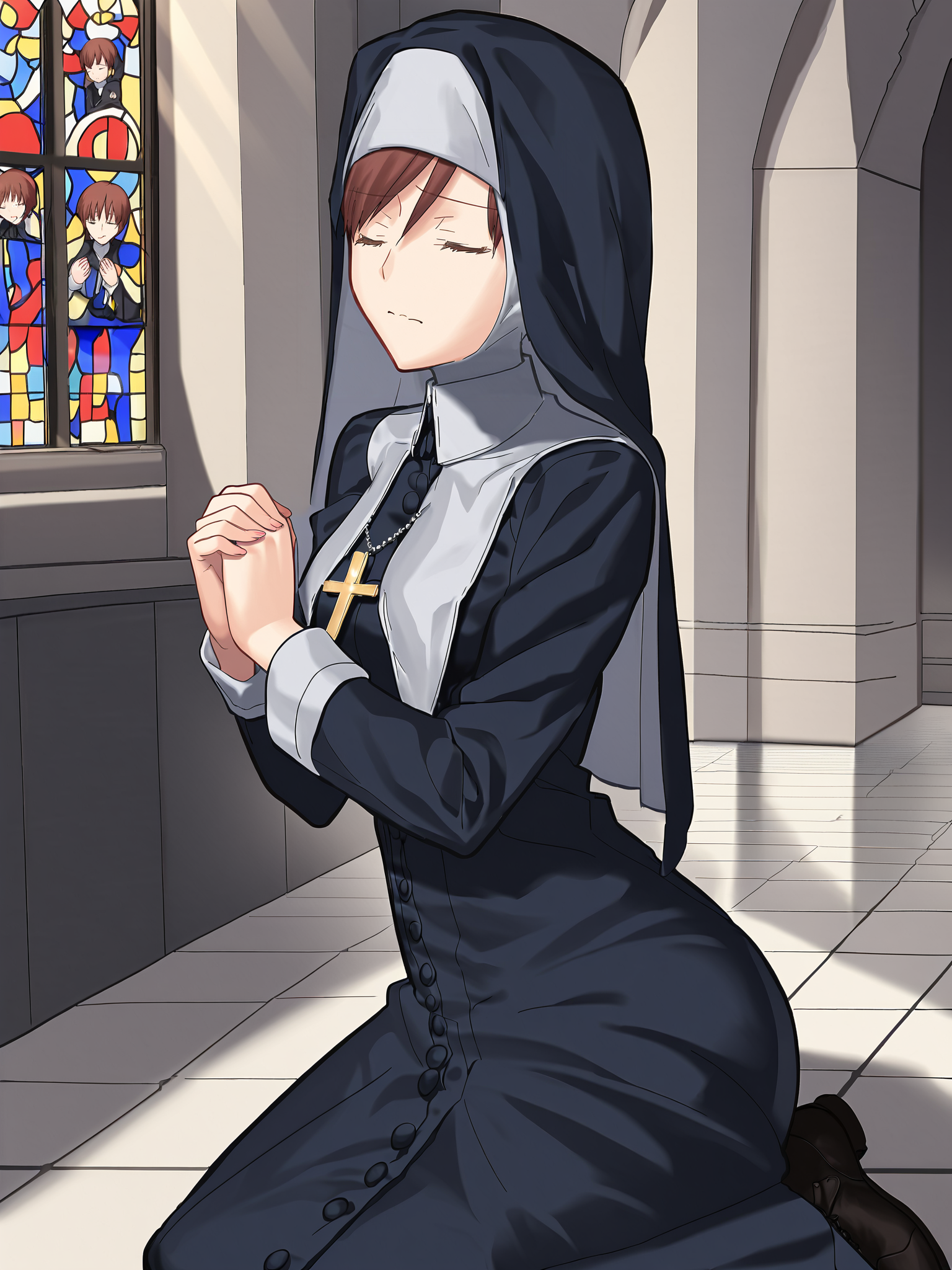 score_9, score_8_up, score_7_up, source_anime, BREAK
detailed face, detailed eyes, <lora:Tsukihime_Noel_Aizome_Pony_v1:0.9>, 1girl, (church, cathedral, indoors, painted glass, praying in front of altar:1.5), (noel_nunveil, nun, habit, black veil:1.3), (crowds of worshippers:1.5), long dress, knee boots, cross-laced boots, short hair, kneeling, cross necklace, side-swept bangs, brown hair, brown eyes, hair between eyes, (closed eyes:1.5), from side, (head down, from above:1.2),