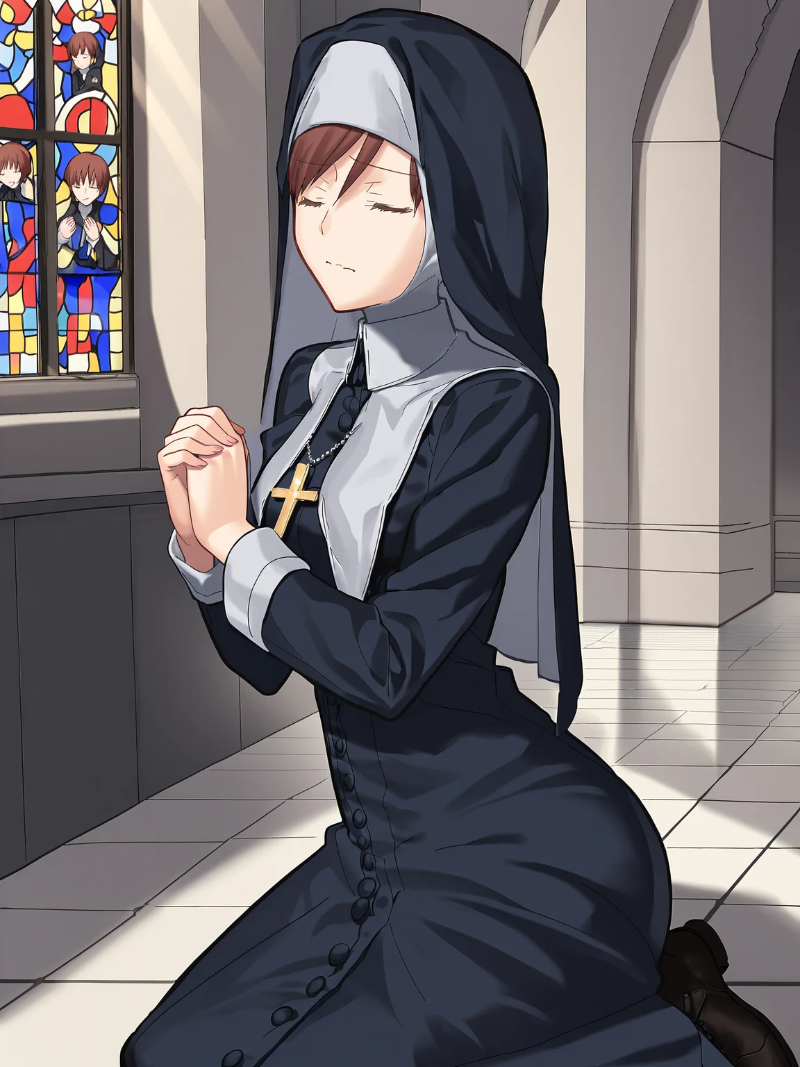 score_9, score_8_up, score_7_up, source_anime, BREAK
detailed face, detailed eyes, <lora:Tsukihime_Noel_Aizome_Pony_v1:0.9>, 1girl, (church, cathedral, indoors, painted glass, praying in front of altar:1.5), (noel_nunveil, nun, habit, black veil:1.3), (crowds of worshippers:1.5), long dress, knee boots, cross-laced boots, short hair, kneeling, cross necklace, side-swept bangs, brown hair, brown eyes, hair between eyes, (closed eyes:1.5), from side, (head down, from above:1.2),