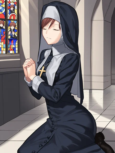 score_9, score_8_up, score_7_up, source_anime, BREAK
detailed face, detailed eyes, <lora:Tsukihime_Noel_Aizome_Pony_v1:0.9>, 1girl, (church, cathedral, indoors, painted glass, praying in front of altar:1.5), (noel_nunveil, nun, habit, black veil:1.3), (crowds of worshippers:1.5), long dress, knee boots, cross-laced boots, short hair, kneeling, cross necklace, side-swept bangs, brown hair, brown eyes, hair between eyes, (closed eyes:1.5), from side, (head down, from above:1.2),