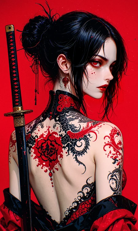 masterpiece, best quality, amazing quality, very aesthetic, absurdres, newest
cinematic portrait, close-up, dramatic lighting, high detail
mysterious young woman, East Asian features, dark aesthetic, intense expression
black hair in a messy bun, loose strands framing her face, pale skin, red lips, intricate black dragon tattoo covering her shoulder and upper back, katana resting on her back, black and red outfit with a high collar, slightly revealing back, confident and enigmatic pose
bold red backdrop, minimalist composition, sharp contrast with subject
moody and dramatic, soft highlights on skin and tattoo, deep shadows, high contrast
btiflgrlsnrv4, in the style of cksc, in the style of cknc, in the style of ck-rw, 748cmstyle <lora:spo_sdxl_10ep_4k-data_lora_webui:0.8> <lora:reij-detaILer v2:0.4> <lora:Beautiful_Girls_V4:0.8> <lora:ck-shadow-circuit-IL-000012:0.5> <lora:ck-nc-cyberpunk-IL-000011:0.4> <lora:ck-neon-retrowave-IL-000012:0.3> <lora:748cmSDXL:0.4>