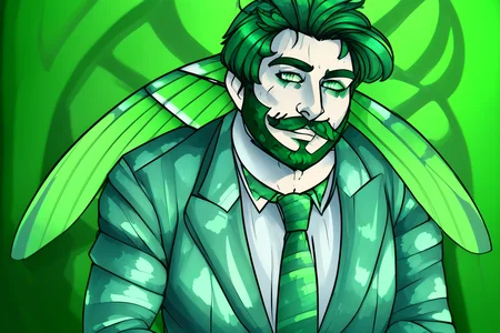 <lora:slimeTutorialFamily_beetlejuice:.6>  1boy, male focus, solo, Slime Tutorial, Alex Brightman as Beetlejuice, (masculine), moth girl, moth boy, ((moth wings, neck fur, antennae)), <lora:mothGirlsLycoris_v10:.9>, green hair,(masterpiece, best quality, paint splatters, ultra-detailed, highres, male focus), perfect face, side lighting, lustrous skin,(bloom), (shine), lighting, ray tracing, male focus, necktie, facial hair, 1boy, beard, formal, suit, green hair, striped,, bright green hair, mustache, manly, looking at viewer, green necktie, pants, shirt, jacket, pinstripe suit,depth_of_field, very detailed background, highly detailed background, Masterpiece, Ultra detailed, great composition, (Highest picture quality), (Master's work), depth of field, solo, extreme light and shadow, masterpiece, rich in detail, (highest quality), (masterpiece), (detailed eyes), (handsome) detailed, beautiful detailed eyes,(straight-on),(masterpiece), (best quality), (ultra-detailed), (best illustration),(best shadow),perfect lighting , perfect anatomy , vivid colors