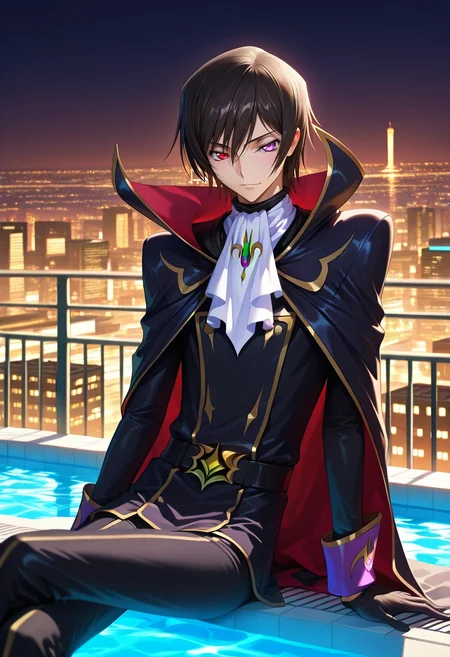 masterpiece, best quality, , (photorealistic:0.6), , 1boy, solo, male focus, <lora:lelouch_lamperouge_ilxl:0.9>, lelouch_lamperouge, black hair, purple eyes, hair between eyes, bangs, short hair, heterochromia, red eyes, cape, ascot, gloves, rooftop pool, shimmering water, glowing city lights, sleek furniture, lounging pose, calm expression, nighttime luxury, , fedora