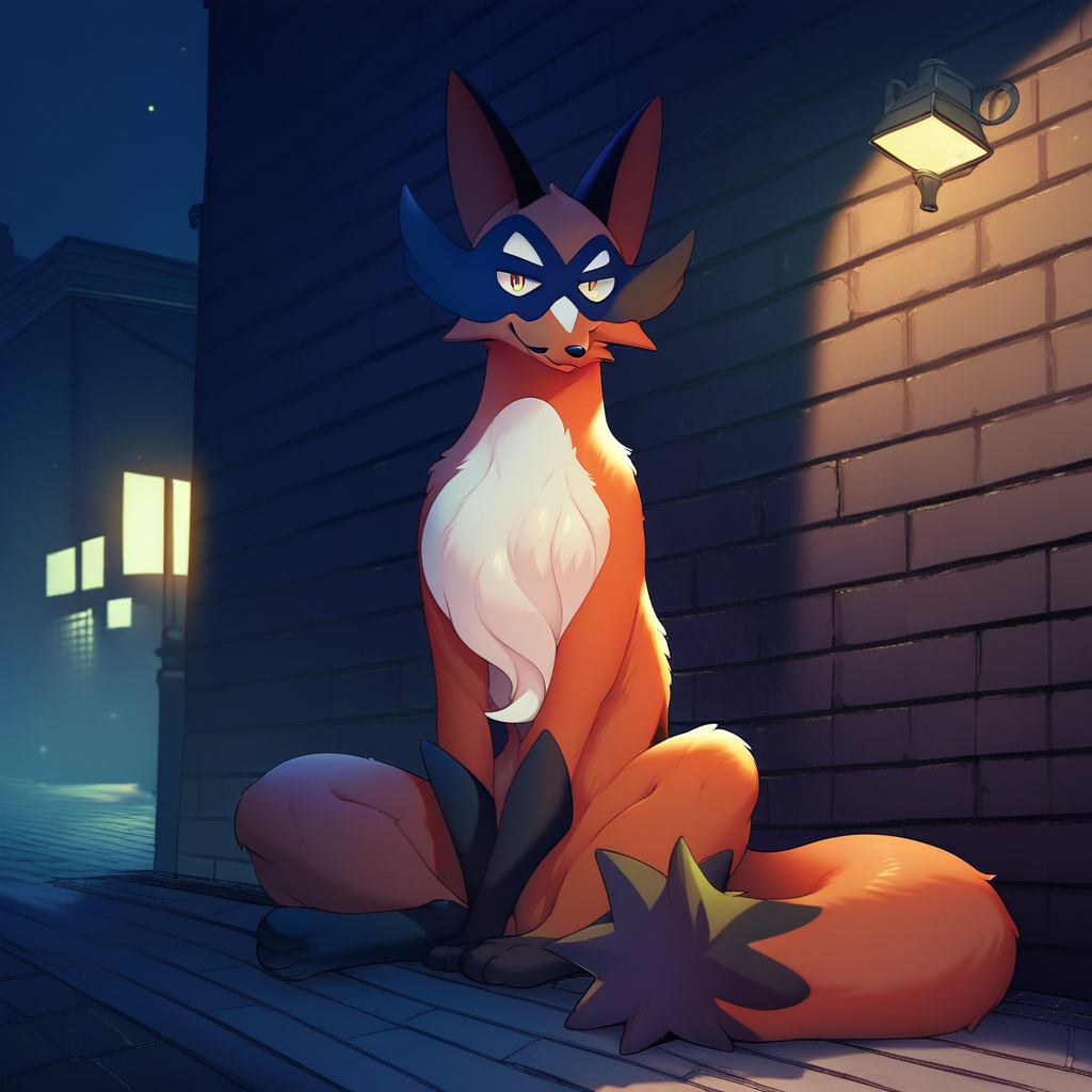 score_9, score_8_up, score_8, furry, Thievul, fox, Pokemon (creature), cartoon style, 2d, feral, sitting, looking at viewer, outside, dark alleyway, night, under streetlight, solo