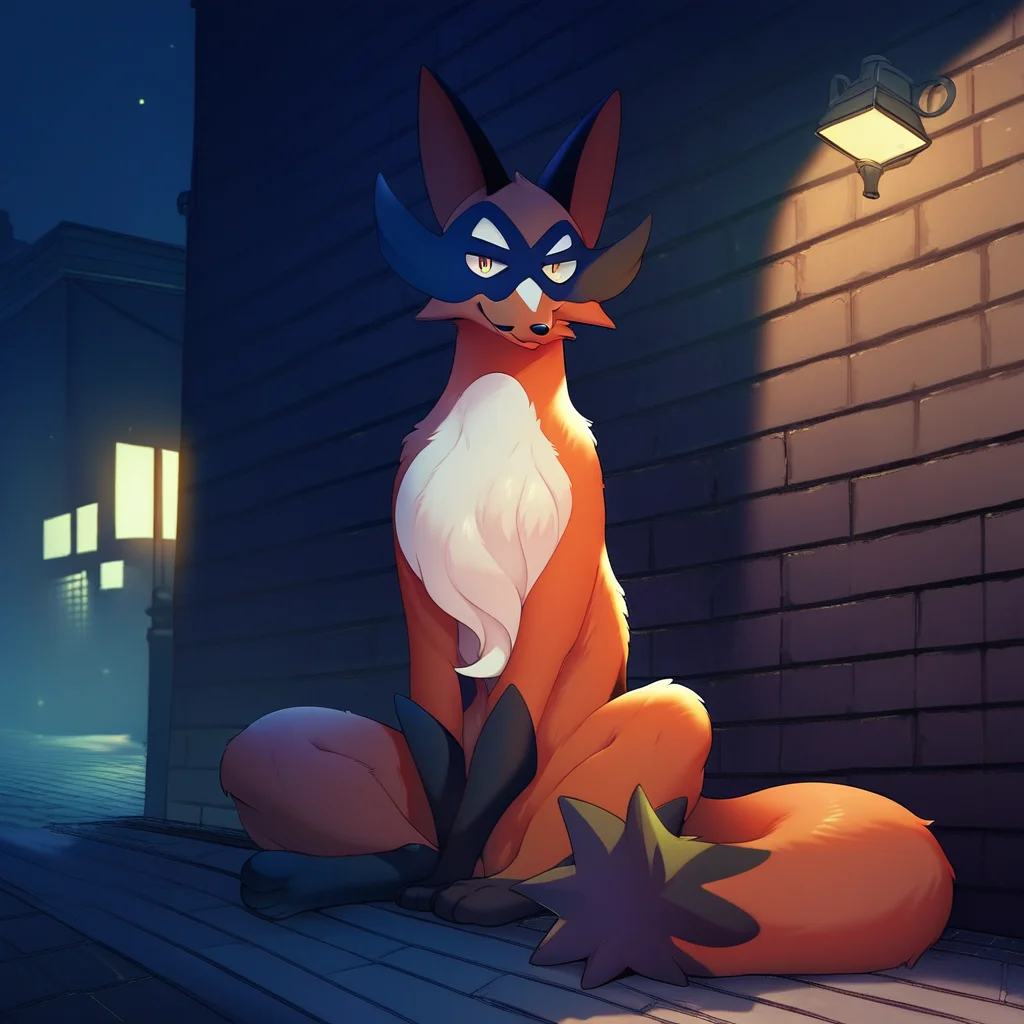 score_9, score_8_up, score_8, furry, Thievul, fox, Pokemon (creature), cartoon style, 2d, feral, sitting, looking at viewer, outside, dark alleyway, night, under streetlight, solo