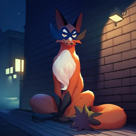 score_9, score_8_up, score_8, furry, Thievul, fox, Pokemon (creature), cartoon style, 2d, feral, sitting, looking at viewer, outside, dark alleyway, night, under streetlight, solo