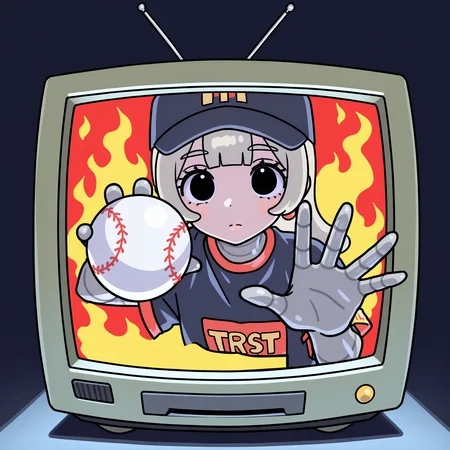 (masterpiece, best quality:1.2), amazing quality, very aesthetic, absurdres, perfect detail,
in display, terevision, crt, upper body, flaming background,
hand up, holding ball, baseball ball, reaching towards viewer, expressionless,
mcsetsuko, android,baseball cap,
<lora:XL_Ill_mcdo-set500-t1:1>